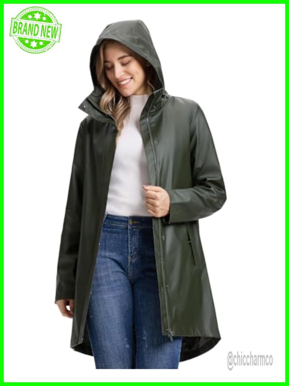 Women's Long Waterproof Rain Jacket PU Trench Coat Windproof Hooded Outdoor